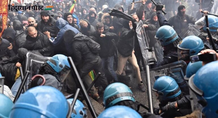 Protesters clashing with police during Italy protest.