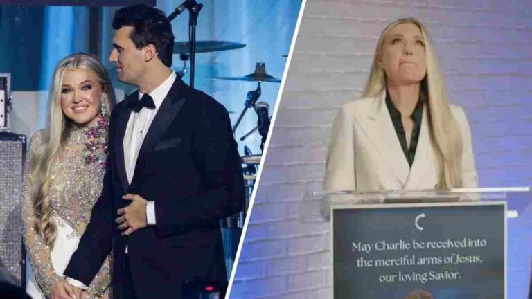 Erika Kirk speaks at a memorial event for Charlie Kirk.