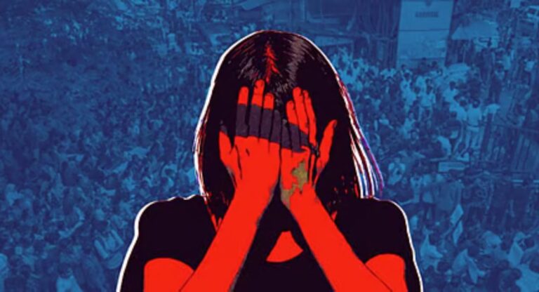 Illustration of a distressed woman covering her face.