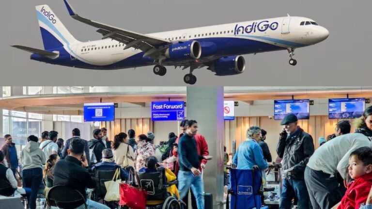 IndiGo aircraft at airport with crowded terminal