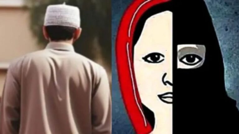 Illustration depicting themes of love jihad and conversion.