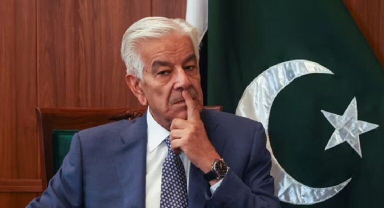 Pakistan's Defense Minister Khawaja Asif during a speech.